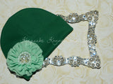 Green Beanie Hat with Rhinestone Chiffon Flower