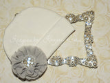 White Beanie Hat with Rhinestone Chiffon Flower