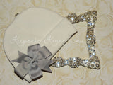 White Beanie Hat with Pinwheel Bow