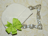 White Beanie Hat with Pinwheel Bow