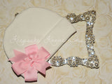 White Beanie Hat with Pinwheel Bow