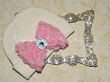 White Beanie Hat with Rosette Bow