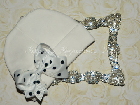 White Beanie Hat with Double Polka Dot Bow