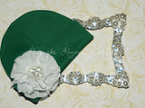 Green Beanie Hat with Rhinestone Chiffon Flower