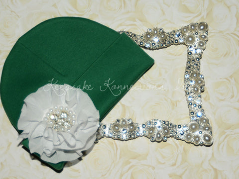 Green Beanie Hat with Rhinestone Chiffon Flower