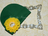 Green Beanie Hat with Rhinestone Chiffon Flower