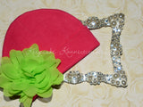 Hot Pink Beanie Hat with 4" Chiffon Flower