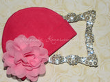 Hot Pink Beanie Hat with 4" Chiffon Flower
