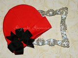 Red Beanie Hat with Pinwheel Bow
