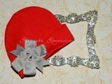 Red Beanie Hat with Pinwheel Bow
