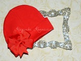 Red Beanie Hat with Pinwheel Bow