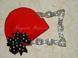 Red Beanie Hat with Pinwheel Bow