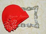 Red Beanie Hat with Pinwheel Bow