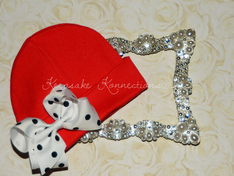 Red Beanie Hat with Double Polka Dot Bow