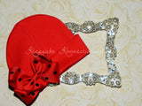 Red Beanie Hat with Double Polka Dot Bow