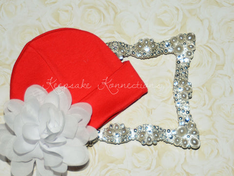 Red Beanie Hat with 4" Chiffon Flower