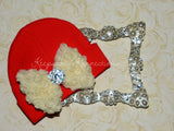 Red Beanie Hat with Rosette Bow