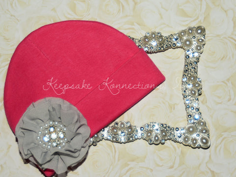 Newborn Girl Hot Pink Beanie/Gray Flower