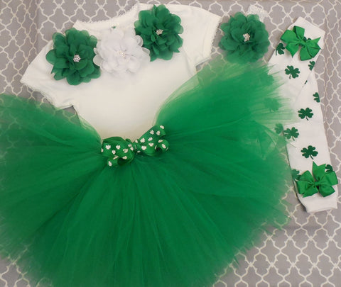 Girls St. Patrick's Day Outfit - Green and White Shamrocks-Tutu Set